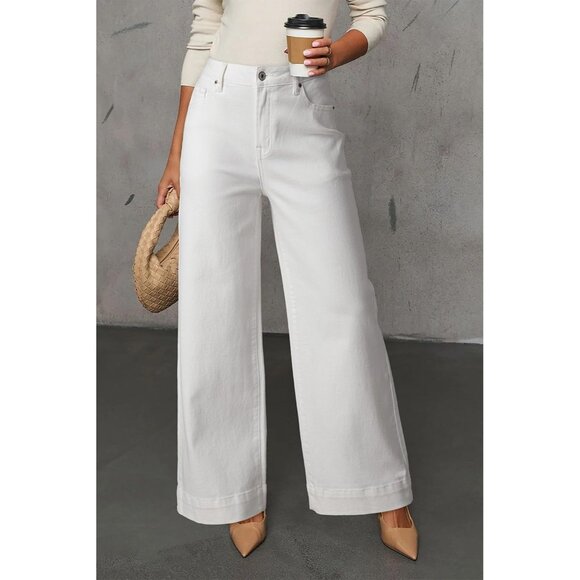 Women's White Casual High Waisted Stretch Button Wide Leg Loose Denim Jeans - Picture 3 of 3